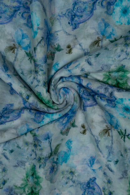 Ethereal Blue Floral Elegance Printed Pure Malai Chanderi fabric (Width 44 Inches)