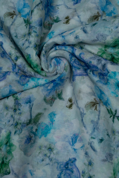 Ethereal Blue Floral Elegance Printed Pure Malai Chanderi fabric (Width 44 Inches)