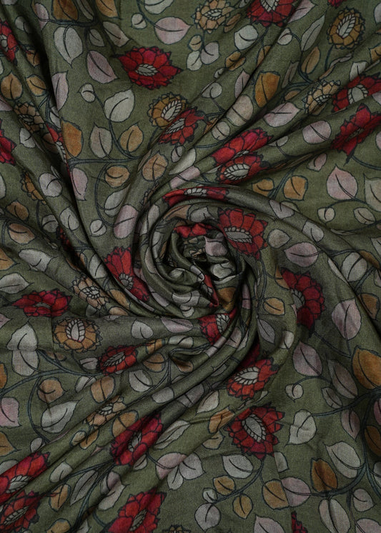 Olive Green & Red Kalamkari Digital Printed Pure Muslin Fabric