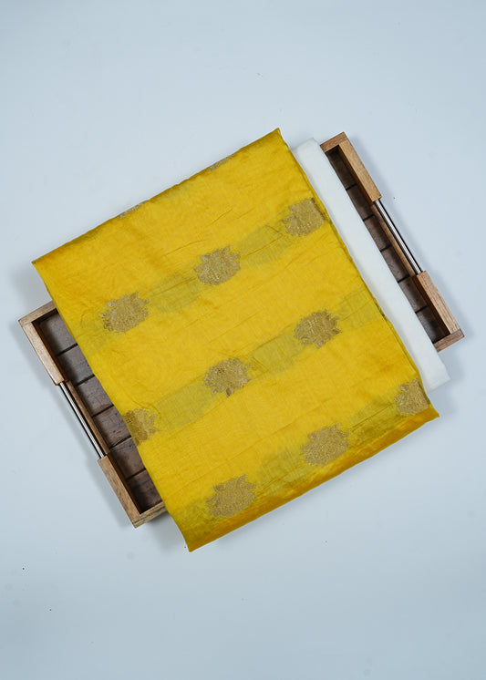 Unisex Premium Haldi Yellow Chanderi Zari Woven Modal Butta Kurta Fabric & White Pure Cotton Pyjama Fabric (2.5 Meters)