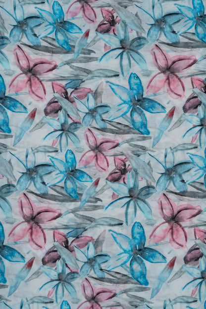 Turquoise & Pink Floral Breeze Printed Pure Cotton Fabric (Width 44 Inches)