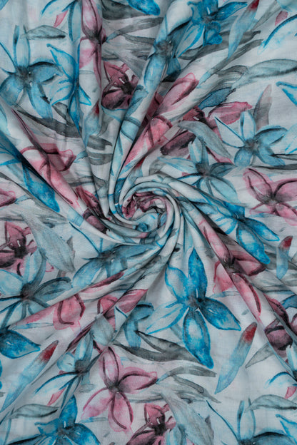 Turquoise & Pink Floral Breeze Printed Pure Cotton Fabric (Width 44 Inches)
