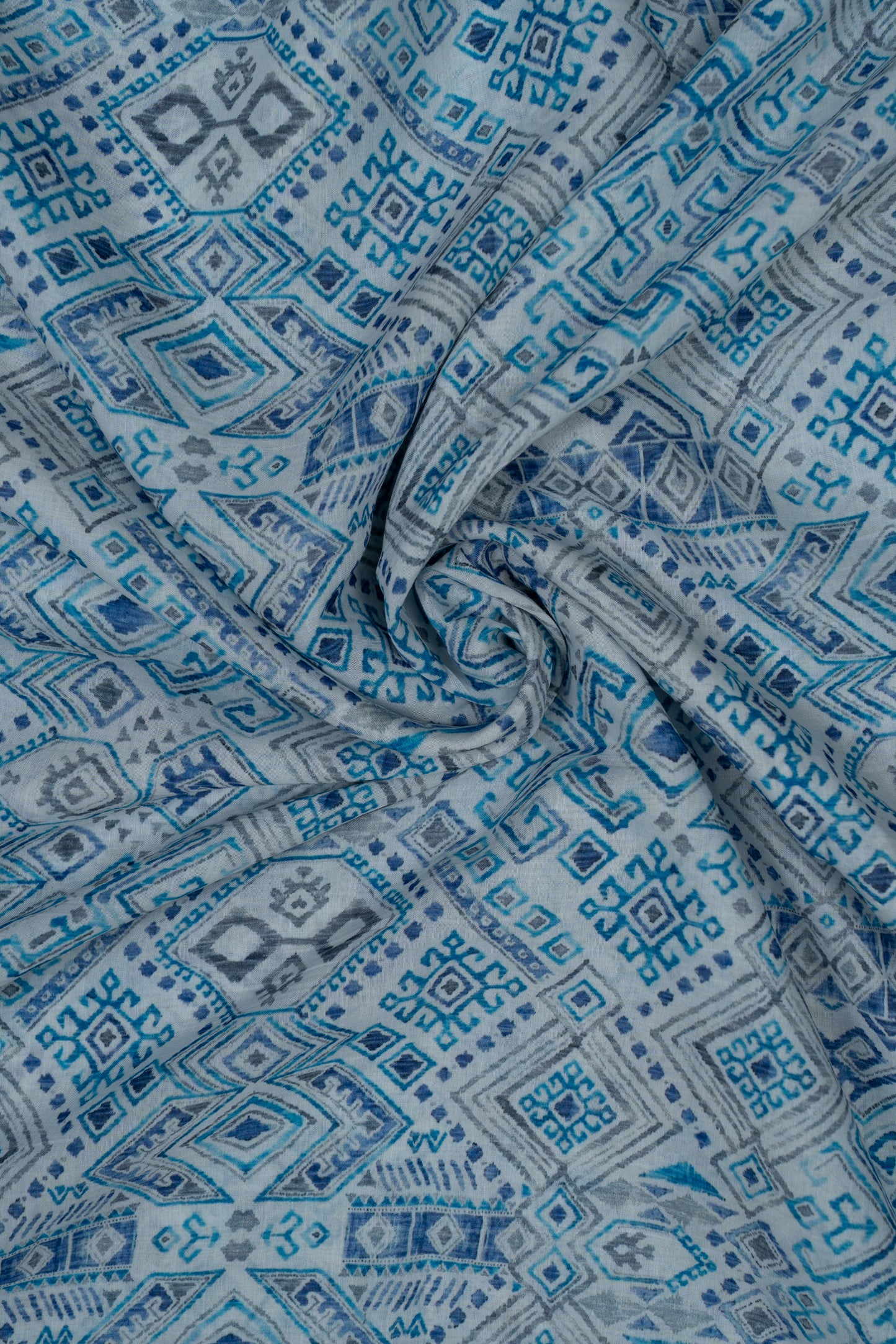 Sky Blue Azure Mosaic Printed Pure Malai Chanderi Fabric (Width 44 Inches)