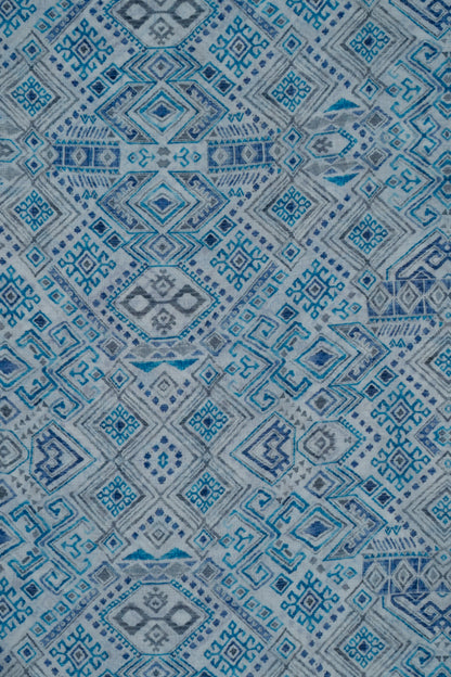 Sky Blue Azure Mosaic Printed Pure Malai Chanderi Fabric (Width 44 Inches)