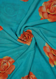 Aqua Blue Floral Printed Pure Natural Crepe Fabric