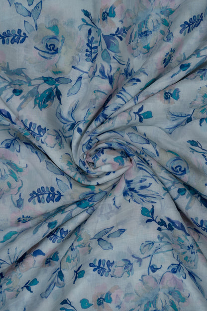 White & Blue Floral Printed Pure Malai Chanderi Fabric (Width 44 Inches)
