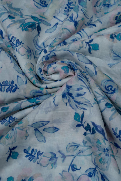 White & Blue Floral Printed Pure Malai Chanderi Fabric (Width 44 Inches)