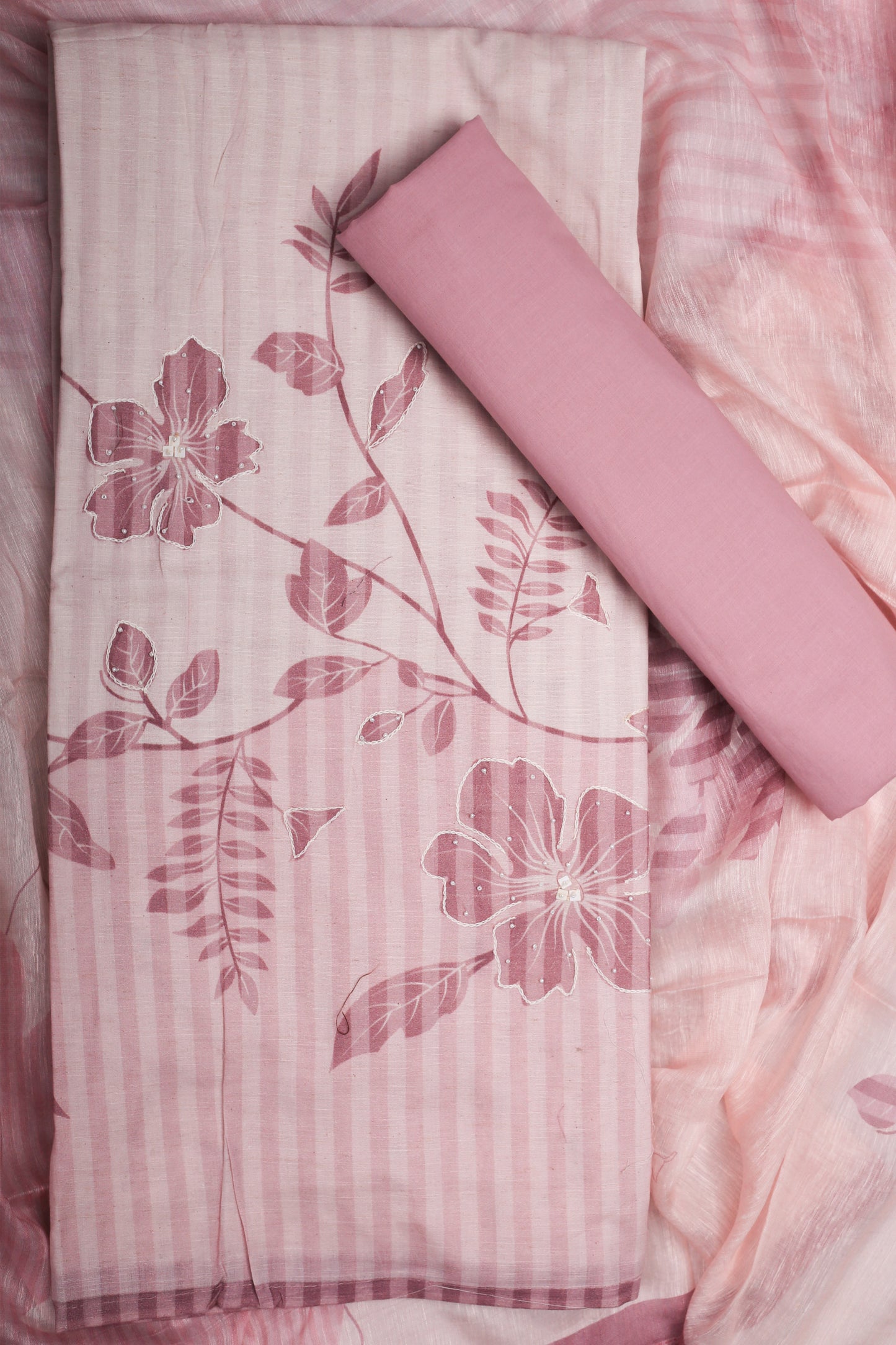 Elegant Blush Mauve Floral Striped Unstitched Suit Set