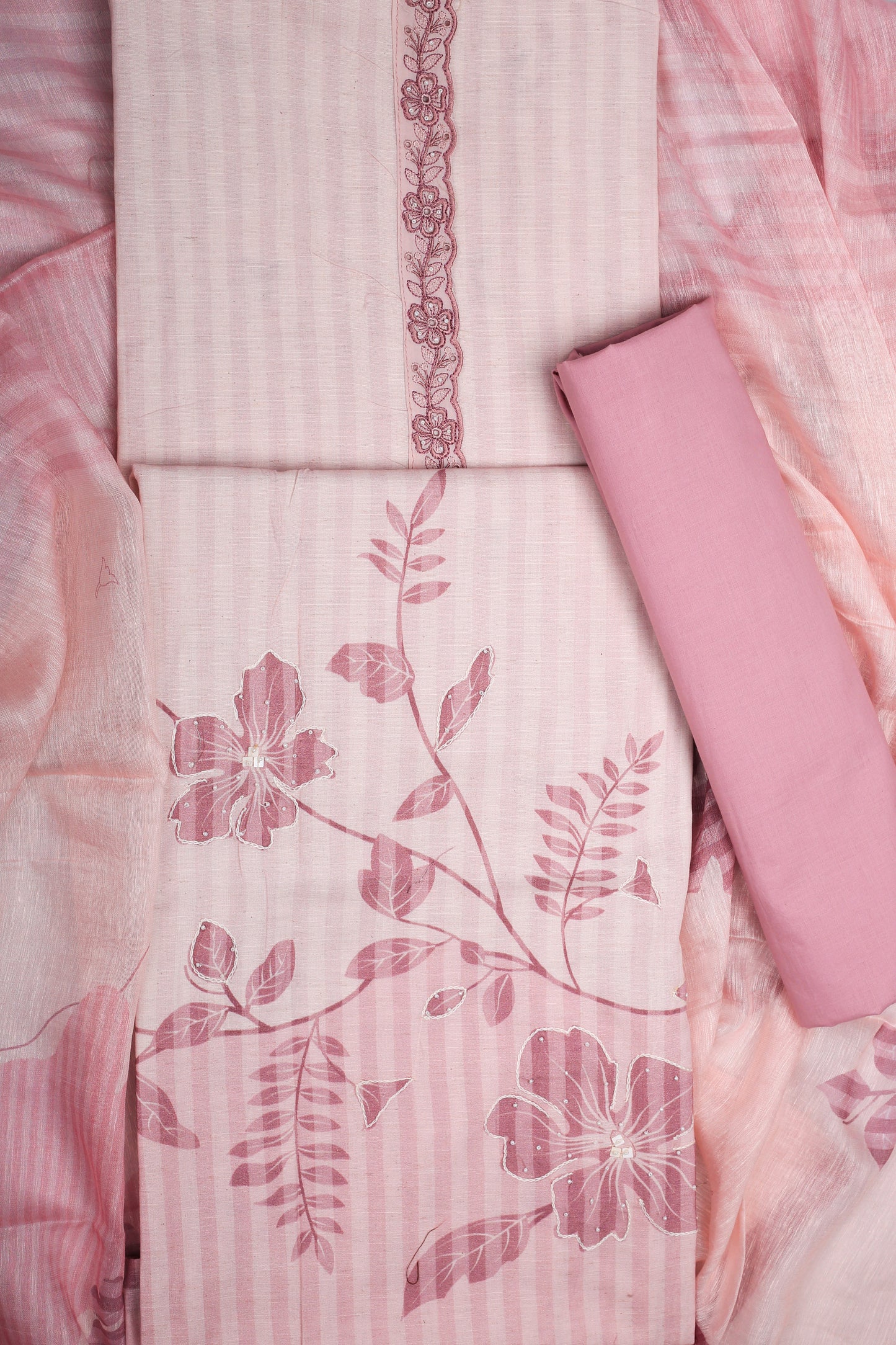 Elegant Blush Mauve Floral Striped Unstitched Suit Set