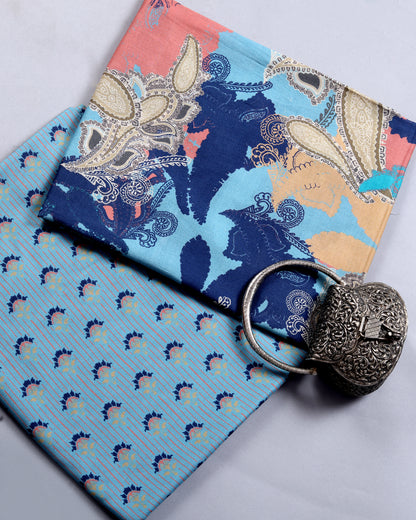 Sky Blue Abstract & Motif Muslin Printed Combo Set ( Top & Bottom 2.5 Meters Each)