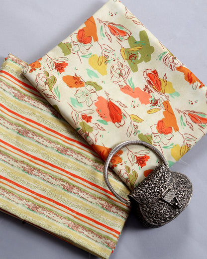 Wheat Floral Abstract & Stripes Linen Slub Printed Combo Set (Top & Bottom 2.5 Meters Each)