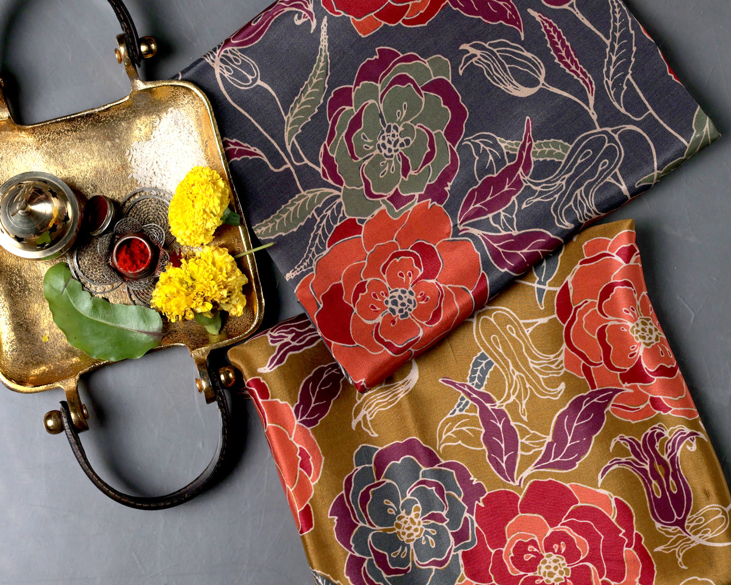 Midnight & Mustard Bloom Story Pure Natural Crepe Combo (2 Qty & Length : 2.5 Meters Each)