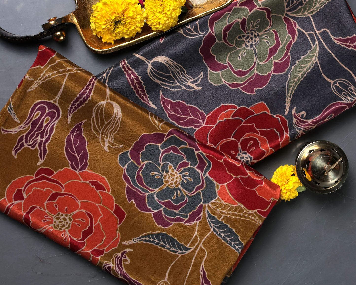 Midnight & Mustard Bloom Story Pure Natural Crepe Combo (2 Qty & Length : 2.5 Meters Each)