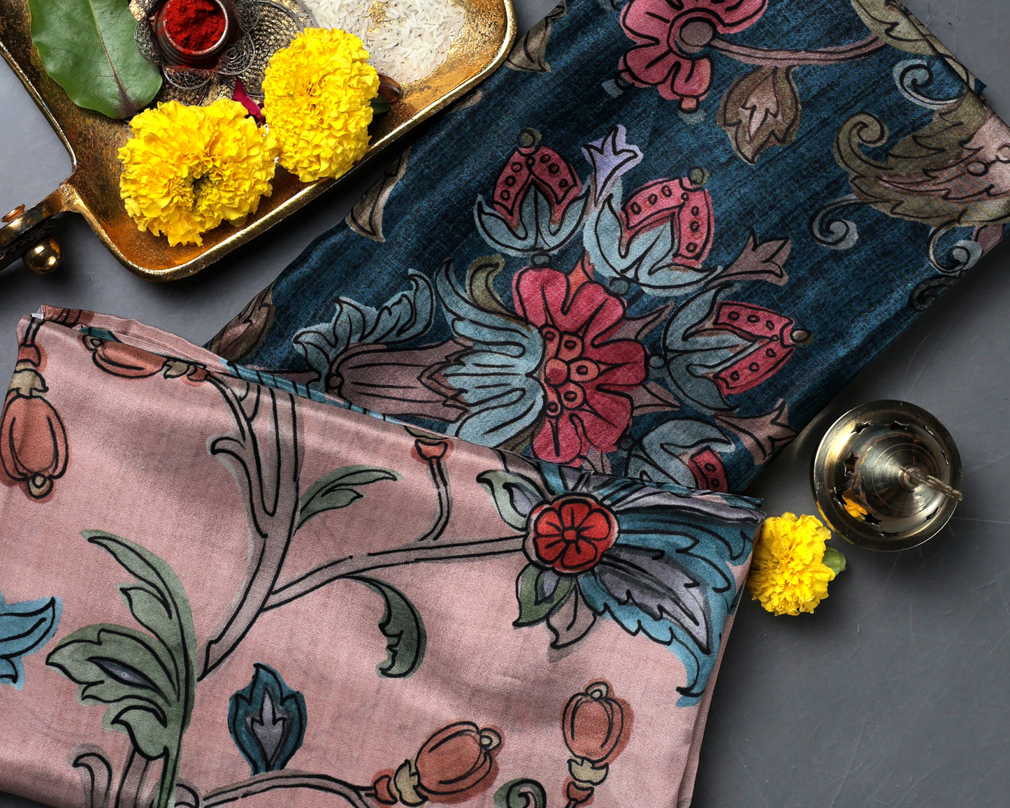 Heritage Floral Fusion Teal & Blush Color Pure Natural Crepe Combo (2 Qty & Length : 2.5 Meters Each)