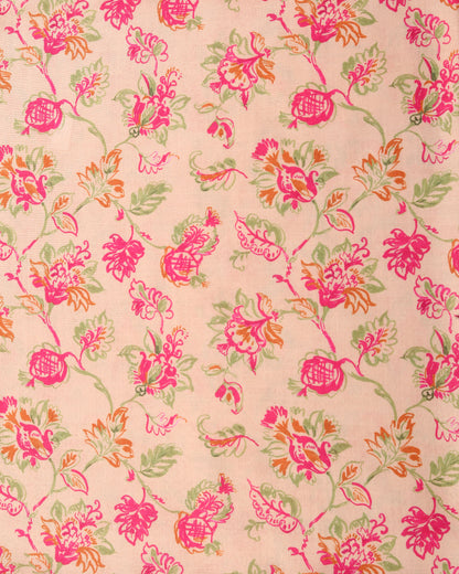 Peach Floral & Motif Linen Slub Printed Combo Set (Top & Bottom 2.5 Meters Each)