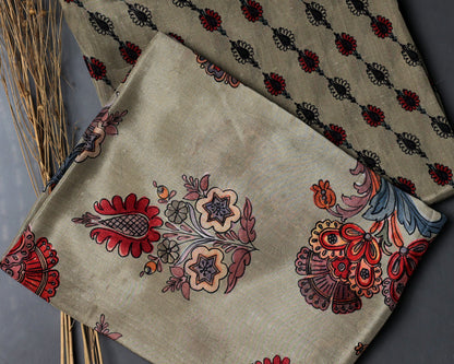 Gulrang Elegance Beige Bloom & Haritage Motifs Natural Crepe Combo Set ( Top & Bottom 2.5 Meters Each)