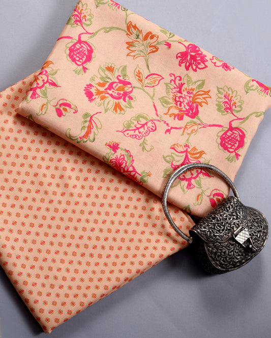 Peach Floral & Motif Magic Slub Printed Combo Set (Top & Bottom 2.5 Meters Each)