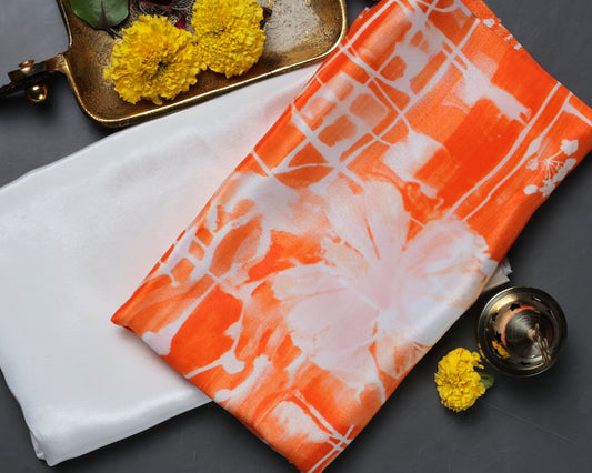 Tangerine Fiery Shibori Fusion Pure Natural Crepe Combo (Top & Bottom 2.5 Meters Each)
