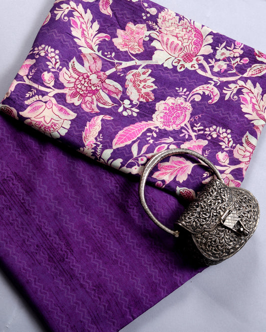 Purple Flora & Plain Muslin Printed Combo Set ( Top & Bottom 2.5 Meters Each)