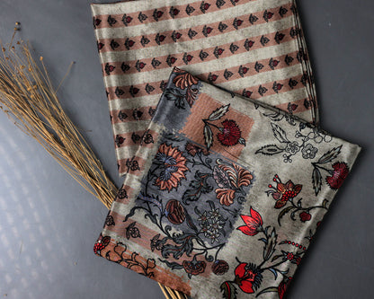 Rose Dust Botanical Charm With Soft Stripes Natural Crepe Combo Set ( Top & Bottom 2.5 Meters Each)