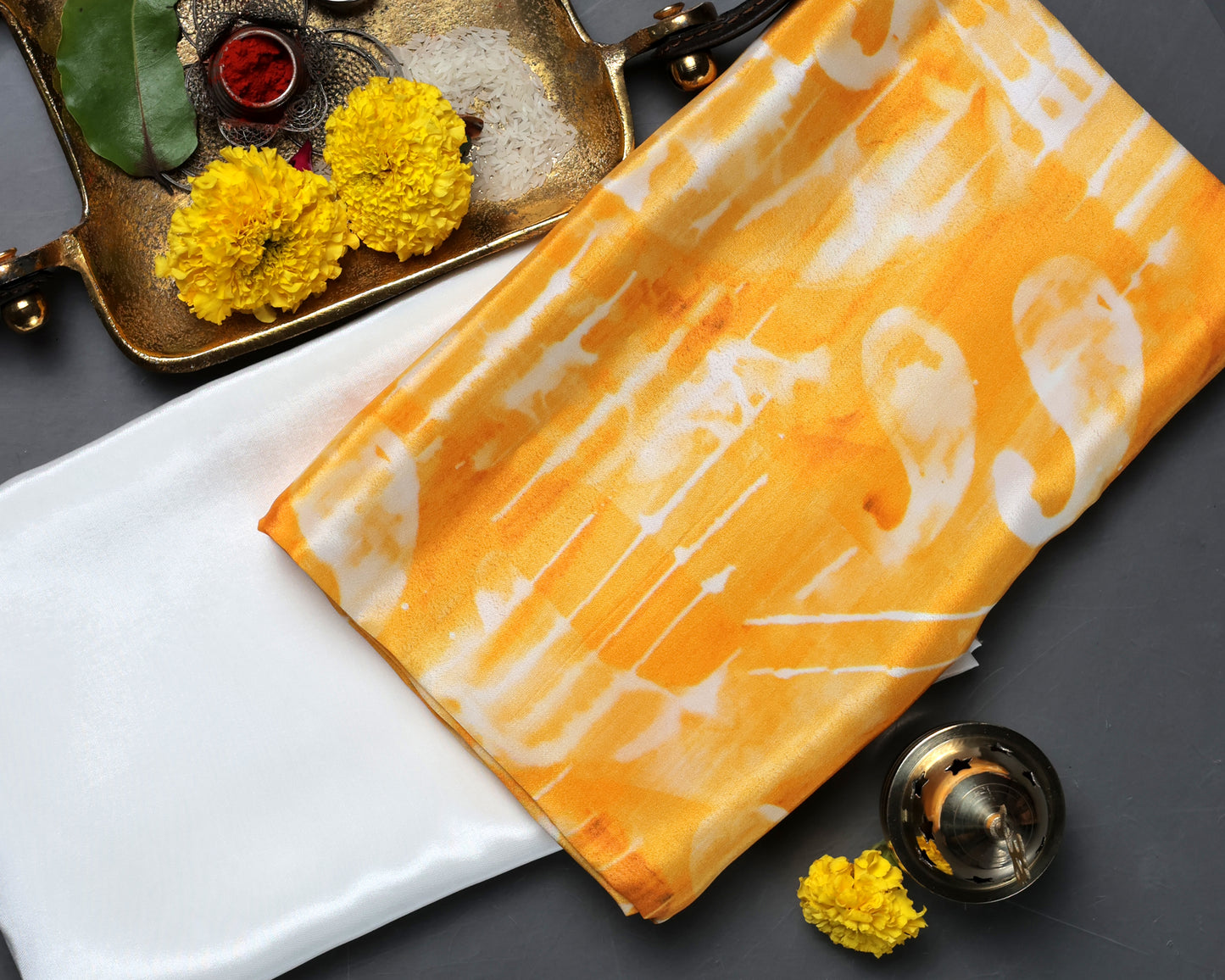 Yellow Fiery Shibori Fusion Pure Natural Crepe Combo Set (Top & Bottom 2.5 Meters Each)
