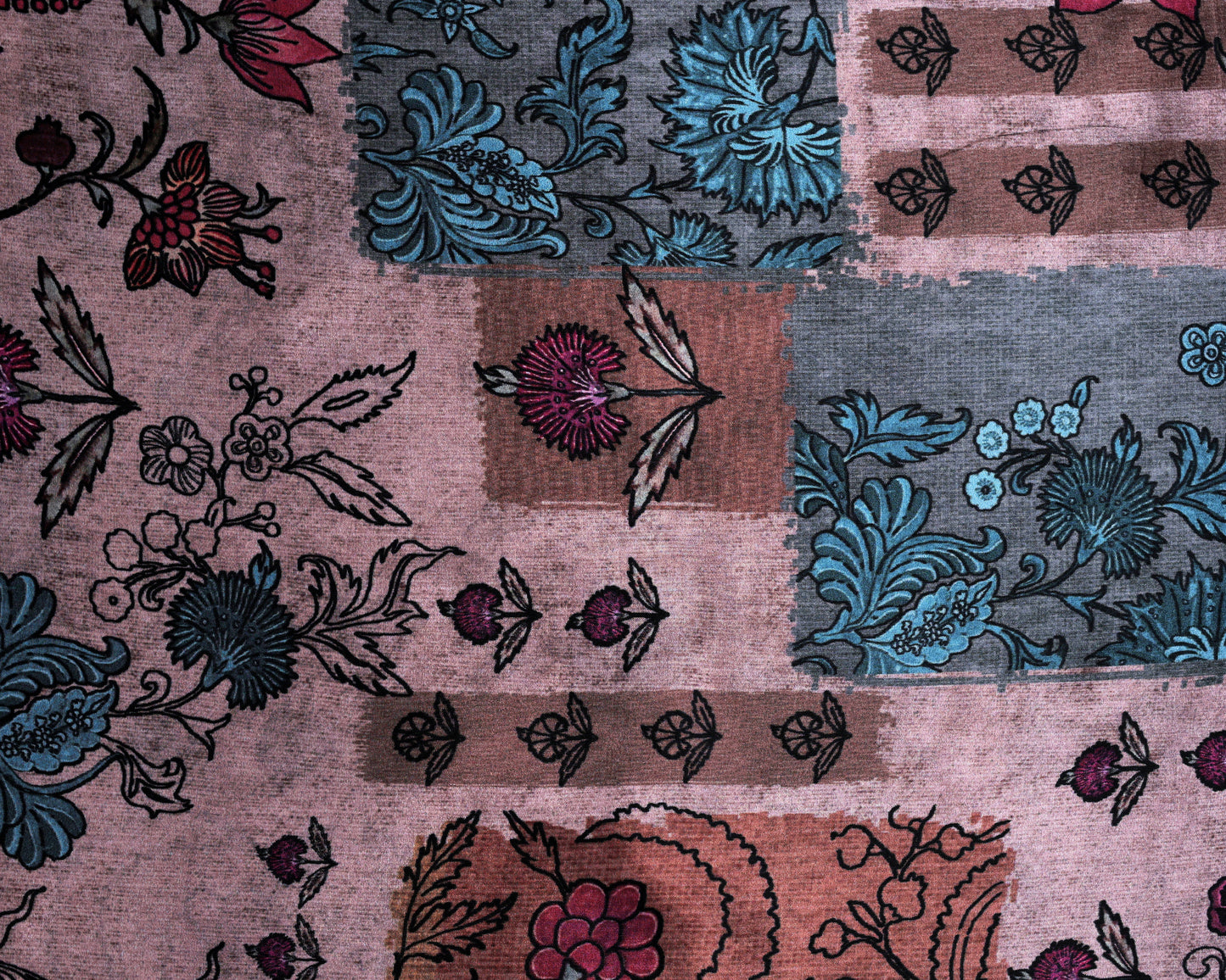 Vintage Rosewood Floral Patch & Striped Blossom Natural Crepe Combo Set ( Top & Bottom 2.5 Meters Each)