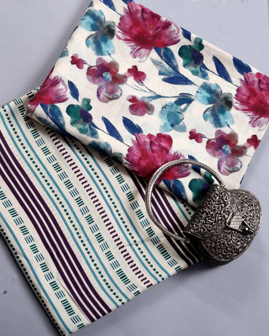 Cream Floral & Stripes Muslin Printed Combo Set ( Top & Bottom 2.5 Meters Each)