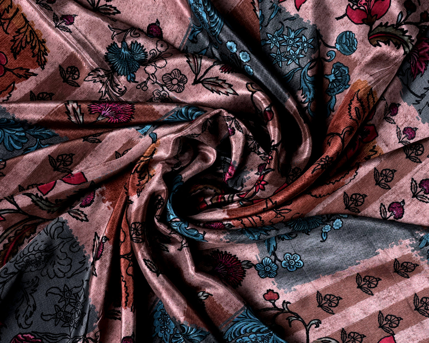 Vintage Rosewood Floral Patch & Striped Blossom Natural Crepe Combo Set ( Top & Bottom 2.5 Meters Each)