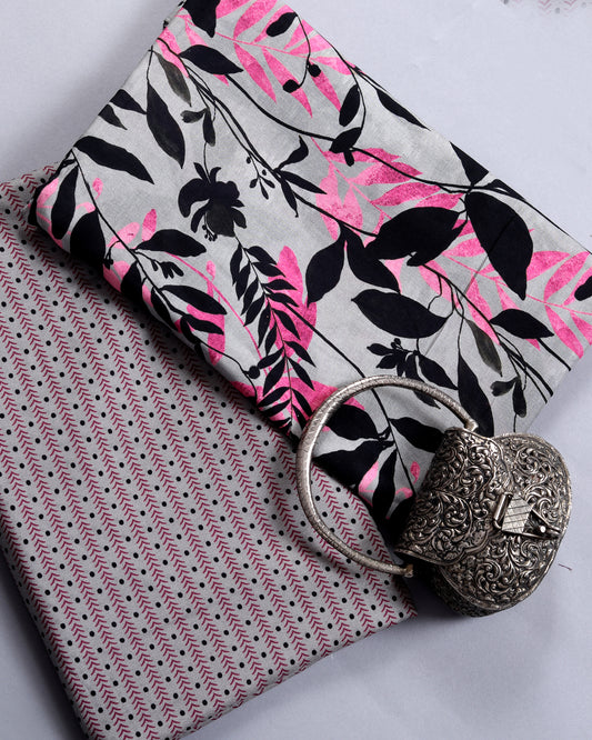 Grey Floral & Checkes Muslin Printed Combo Set ( Top & Bottom 2.5 Meters Each)
