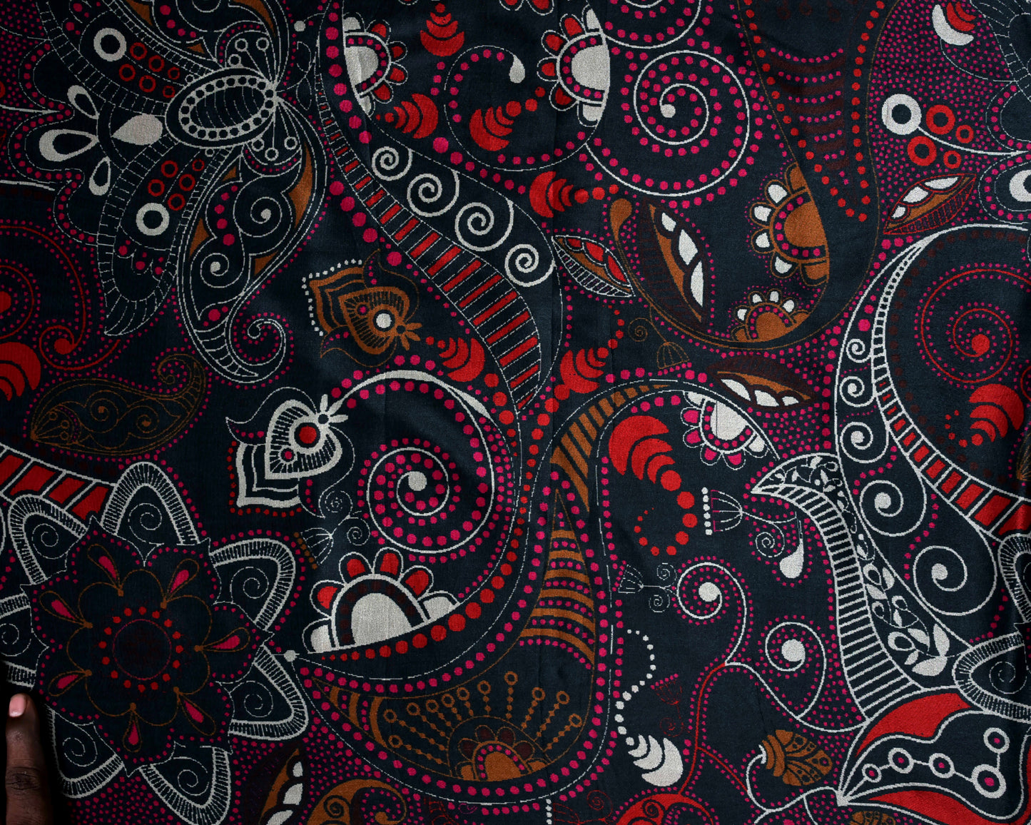 Red & Black Artistic Paisley And Contrast Stripes Natural Crepe Combo Set ( Top & Bottom 2.5 Meters Each)