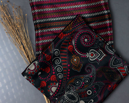 Red & Black Artistic Paisley And Contrast Stripes Natural Crepe Combo Set ( Top & Bottom 2.5 Meters Each)