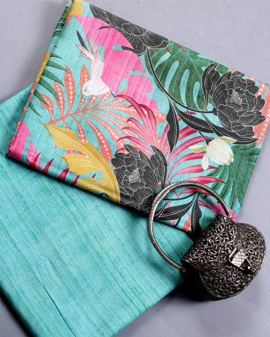 Turquoise Floral & Plain Muslin Printed Combo Set ( Top & Bottom 2.5 Meters Each)