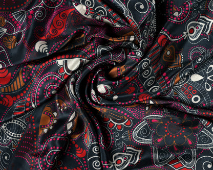 Red & Black Artistic Paisley And Contrast Stripes Natural Crepe Combo Set ( Top & Bottom 2.5 Meters Each)