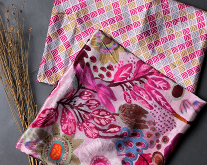 Artistic Floral Top With Pink Prism Bottom Natural Crepe Combo Set ( Top & Bottom 2.5 Meters Each)