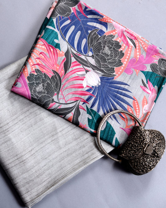Grey Floral & Plain Muslin Printed Combo Set ( Top & Bottom 2.5 Meters Each)