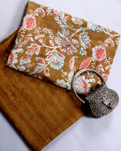 Dark Goldenrod Floral & Chevron Muslin Printed Combo Set ( Top & Bottom 2.5 Meters Each)