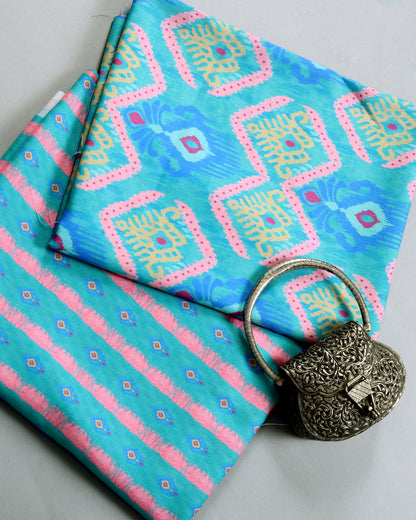 Aqua Ikkat Stripes Linen Slub Printed Combo Set (Top & Bottom 2.5 Meters Each)