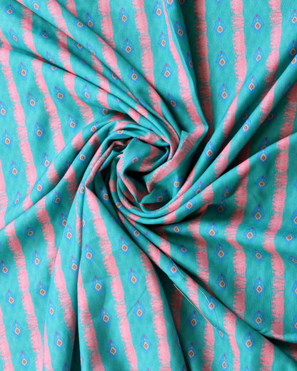 Aqua Ikkat Stripes Linen Slub Printed Combo Set (Top & Bottom 2.5 Meters Each)