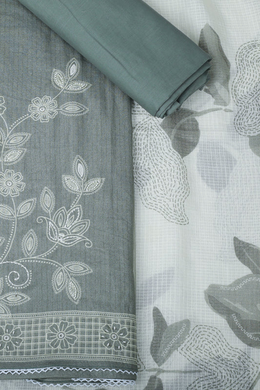 Grey & White Pure Cotton Embroidered Unstitched Suit Set
