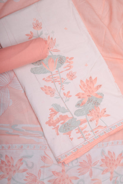 Peach Color Floral Handwork Unstitched Suit Set.