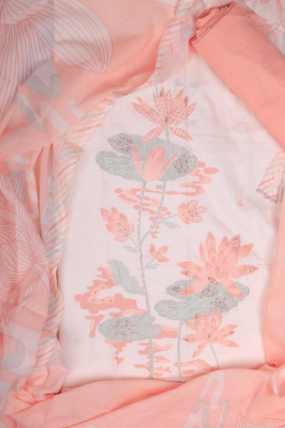 Peach Color Floral Handwork Unstitched Suit Set.