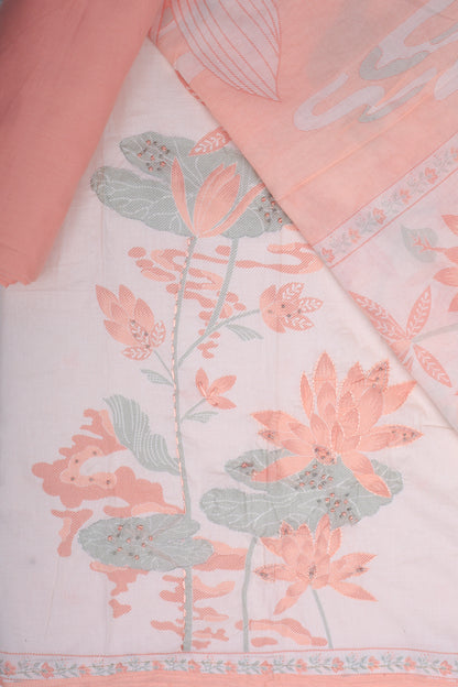 Peach Color Floral Handwork Unstitched Suit Set.