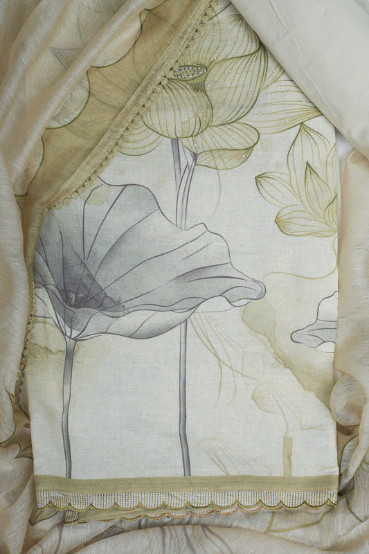 Lime Green Lotus Printed Pure Linen Unstitched Suit Set