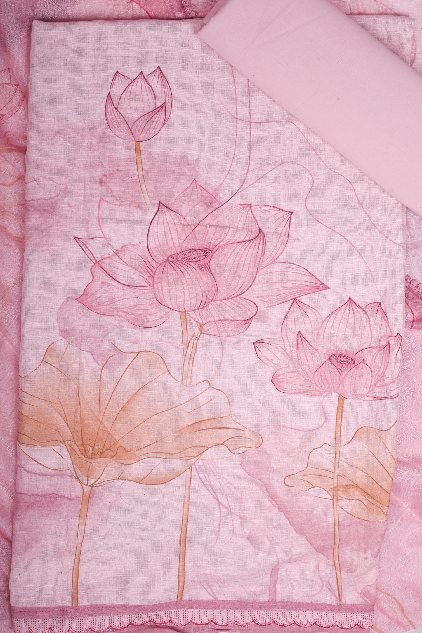 Peach Color Lotus Printed Pure Linen Unstitched Suit Set