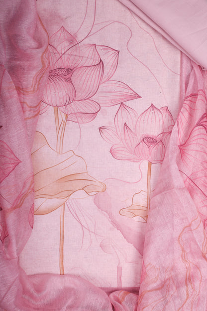 Peach Color Lotus Printed Pure Linen Unstitched Suit Set