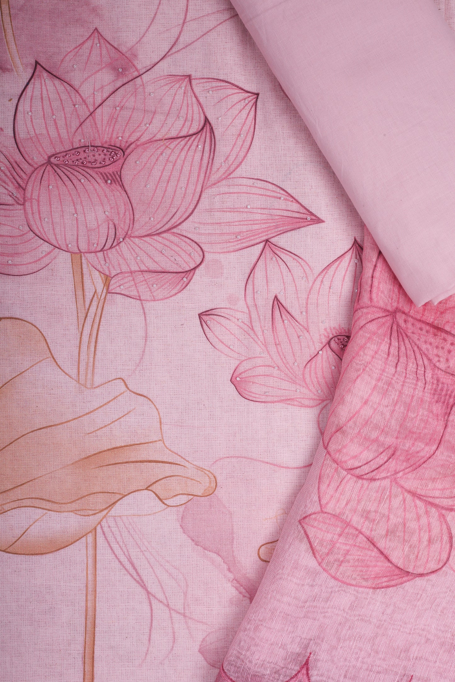 Peach Color Lotus Printed Pure Linen Unstitched Suit Set