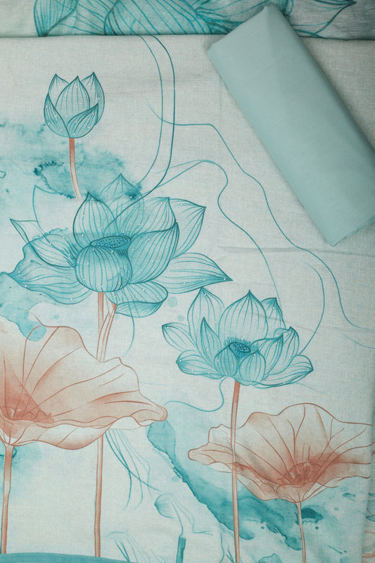 Turquoise Blue Lotus Printed Pure Linen Unstitched Suit Set