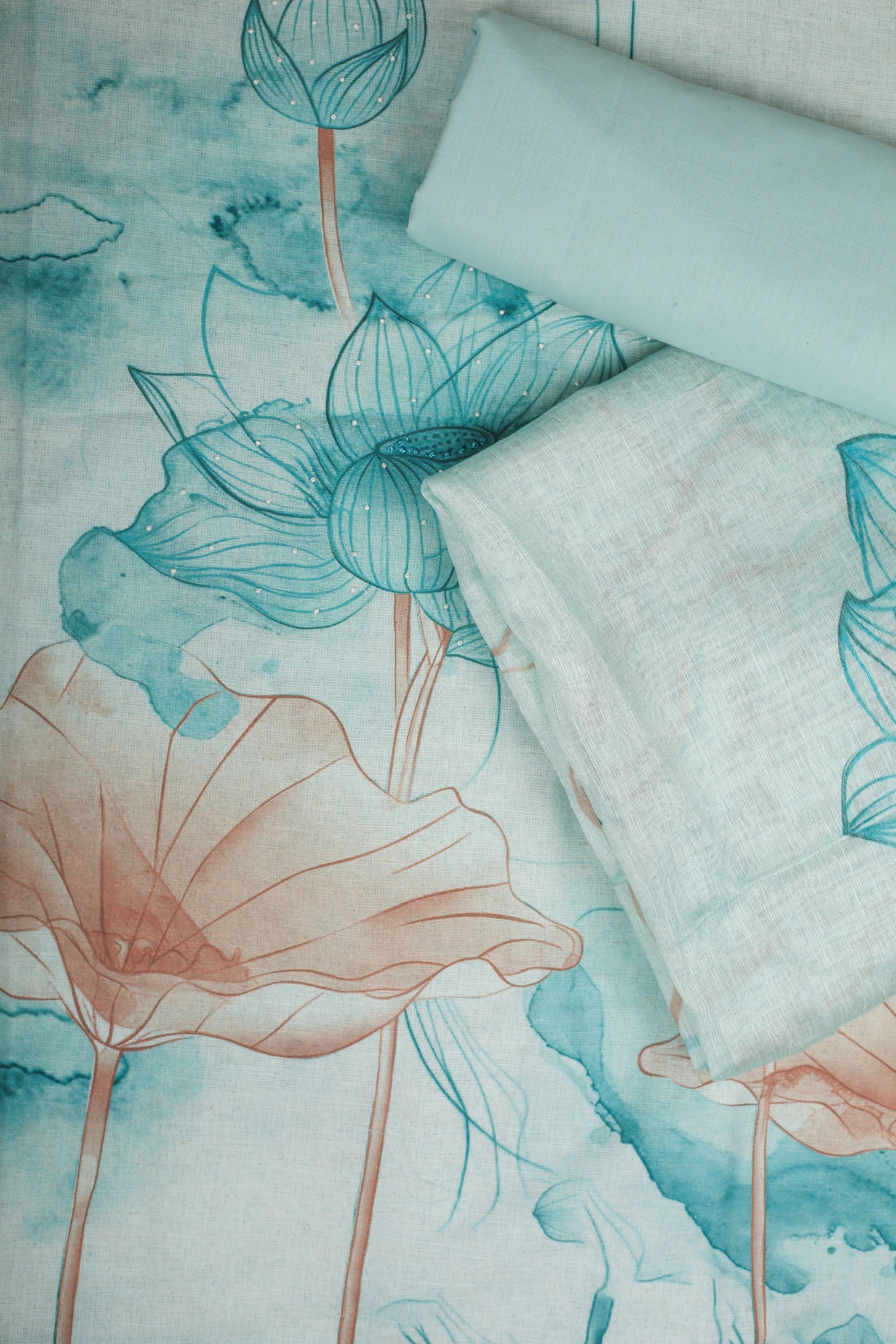 Turquoise Blue Lotus Printed Pure Linen Unstitched Suit Set