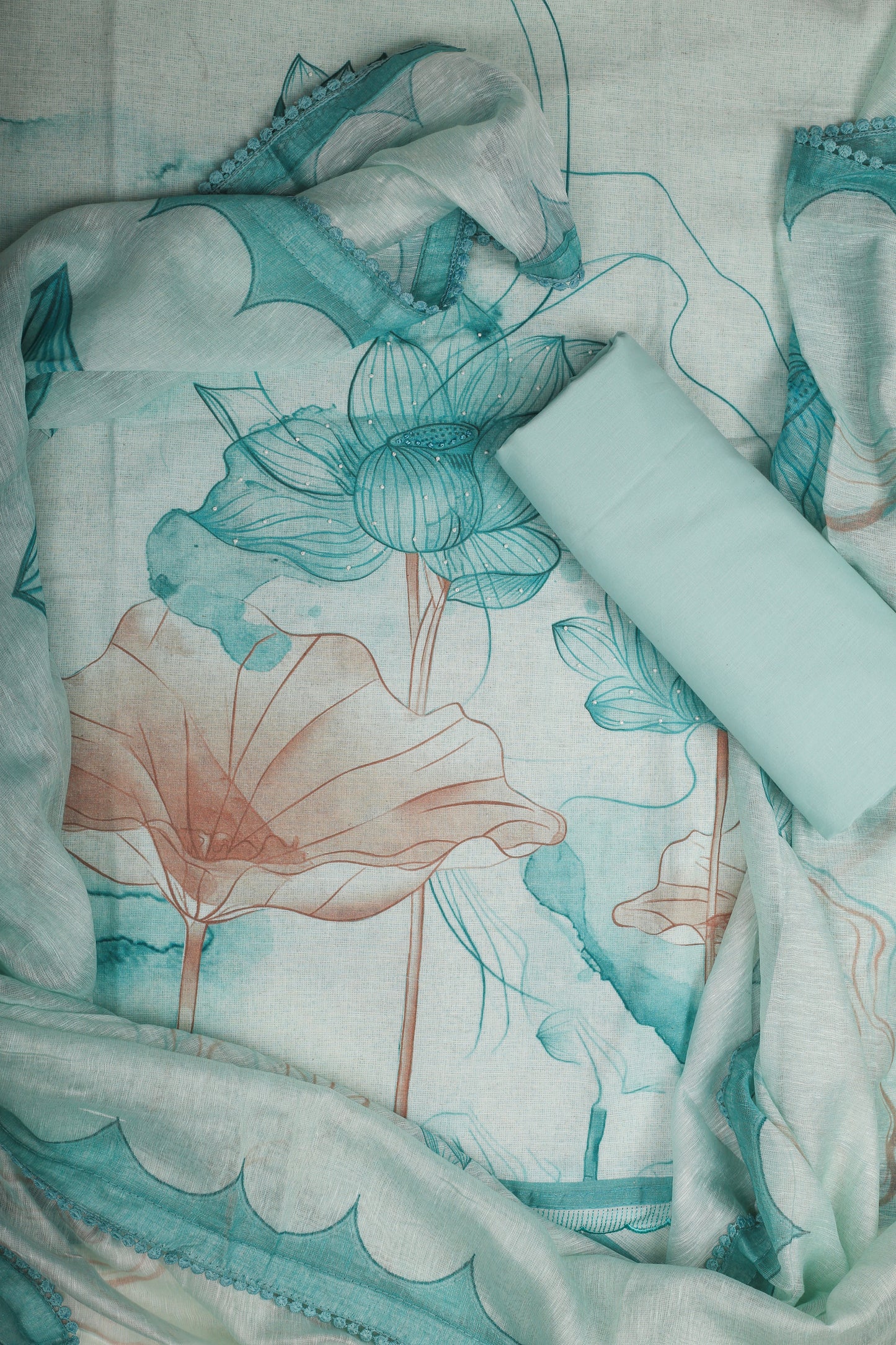 Turquoise Blue Lotus Printed Pure Linen Unstitched Suit Set