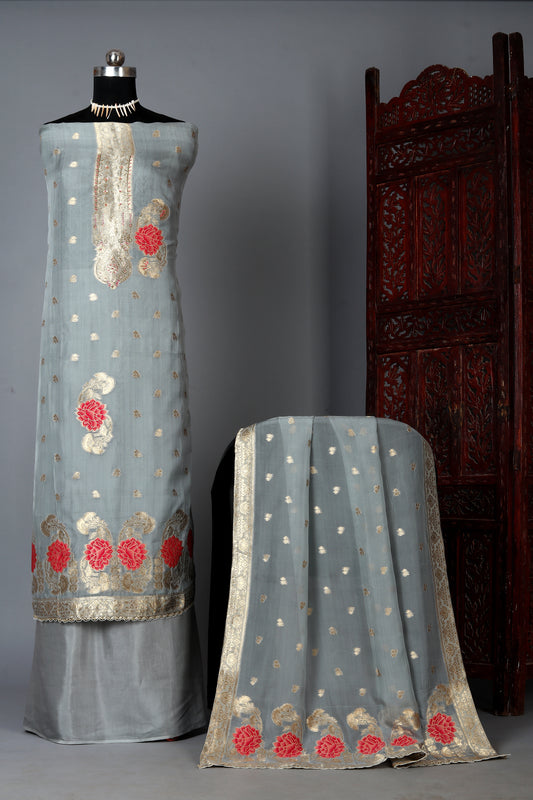 Grey Organaza Jacquard Unstitched Suit Set